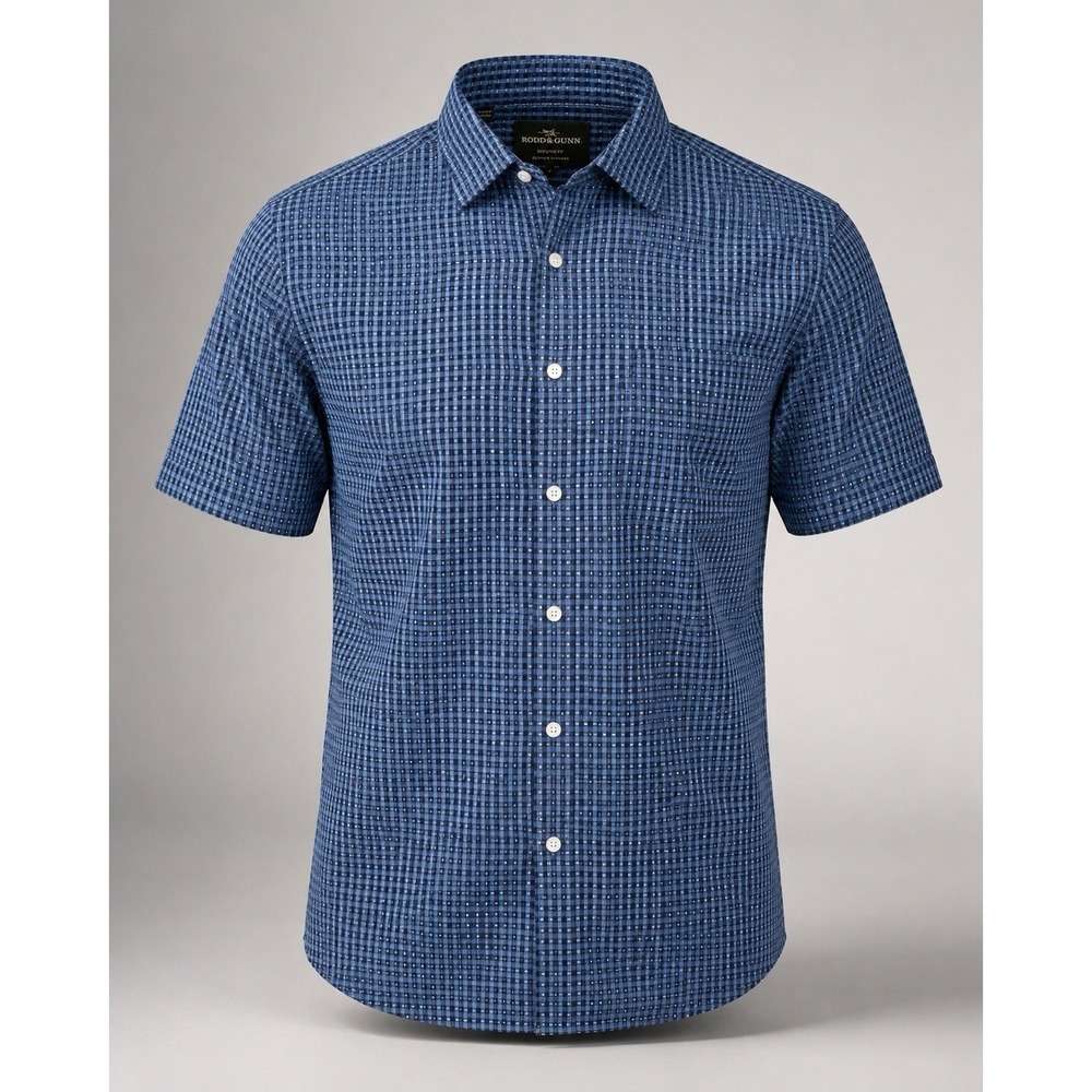 Rodd & Gunn Sports Fit Shirt Mens L Blue Check Short Sleeve Cotton Woven Italy - Picture 1 of 13